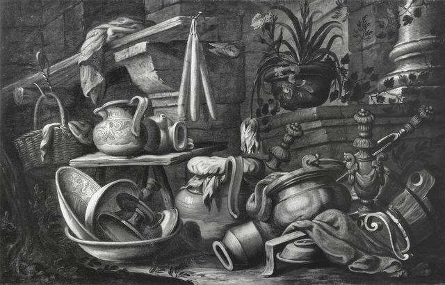 Anonimo — Arbotori Bartolomeo - sec. XVII - Natura morta con vasellame, vaso di fiori e base di colonna — insieme